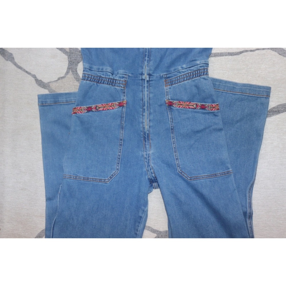 Free People x Driftwood Embroidered Denim Jumpsuit M Flare Leg Hippy Western - Picture 3 of 6